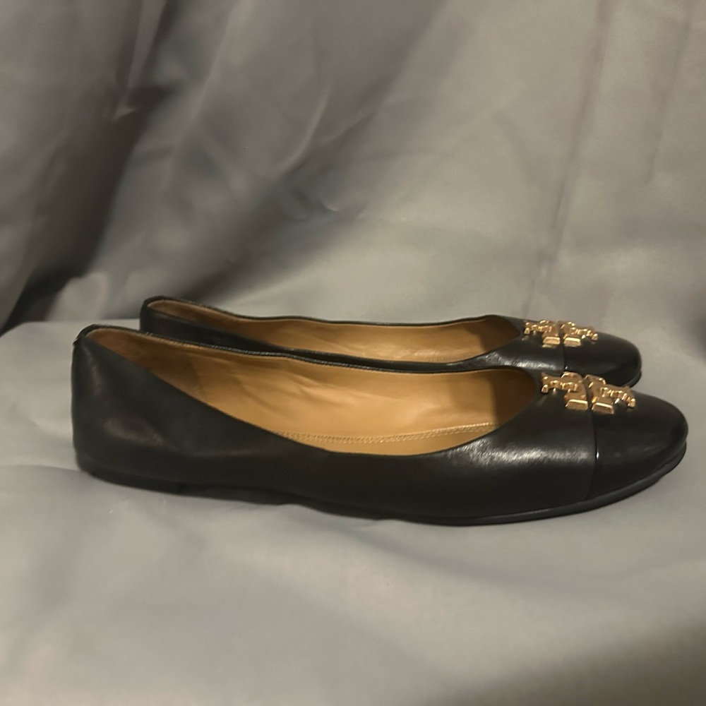Tory Burch Black Leather Flats with Gold Accents - Picture 2 of 5